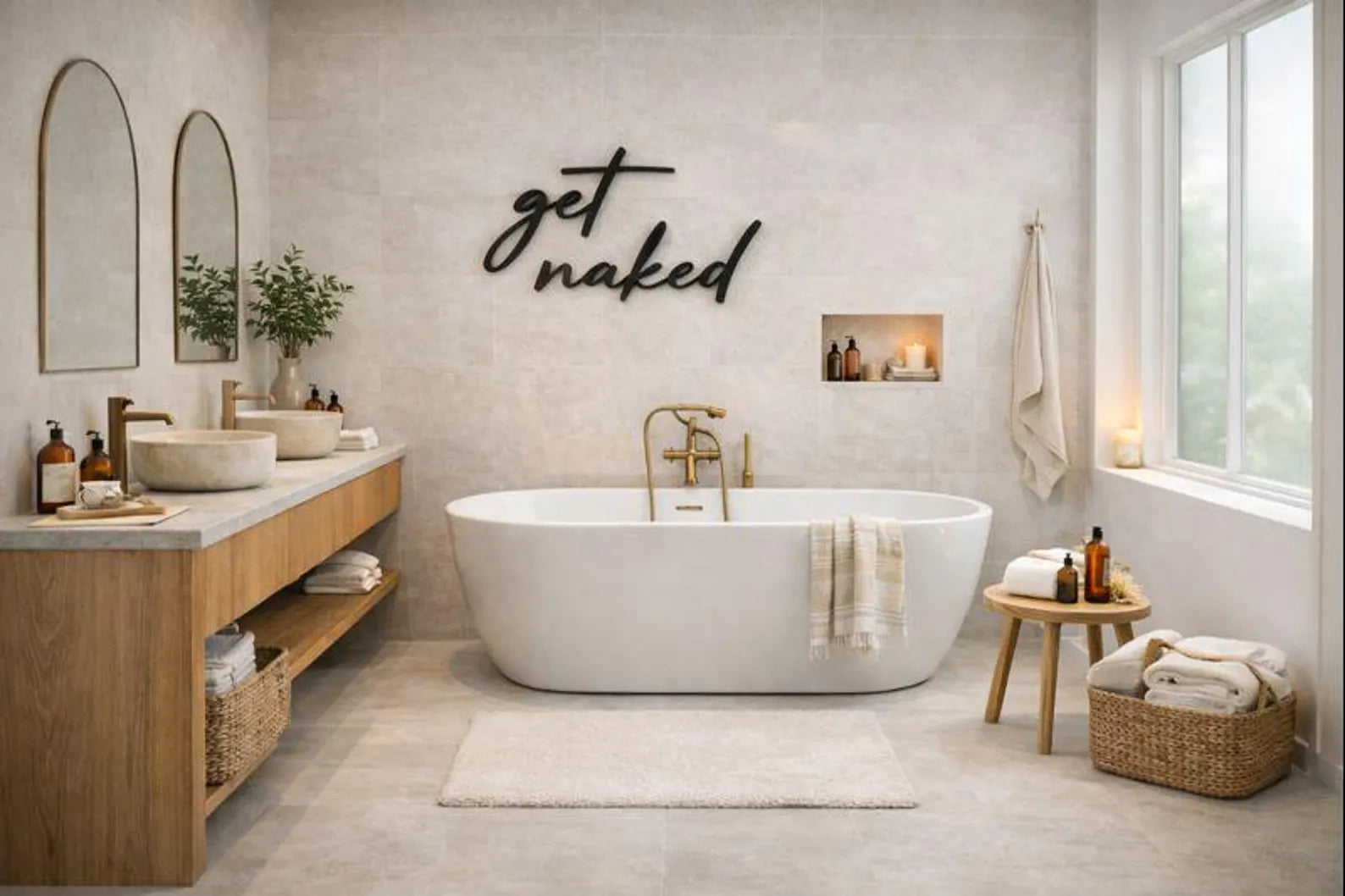 3D Wanddeko „Get Naked“ – moderner Schriftzug für dein Badezimmer